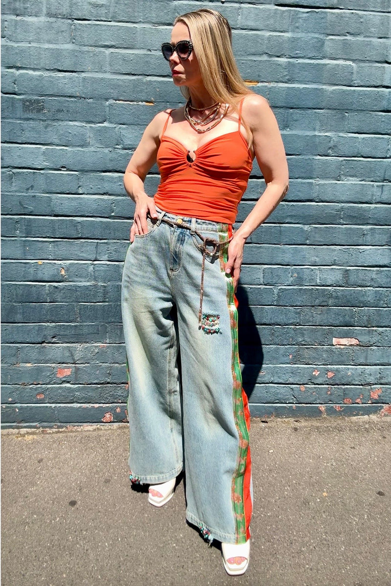 The Kyoto Silk-Spliced Wide-Leg Denim Jeans – Caterpillar Boutique By ...